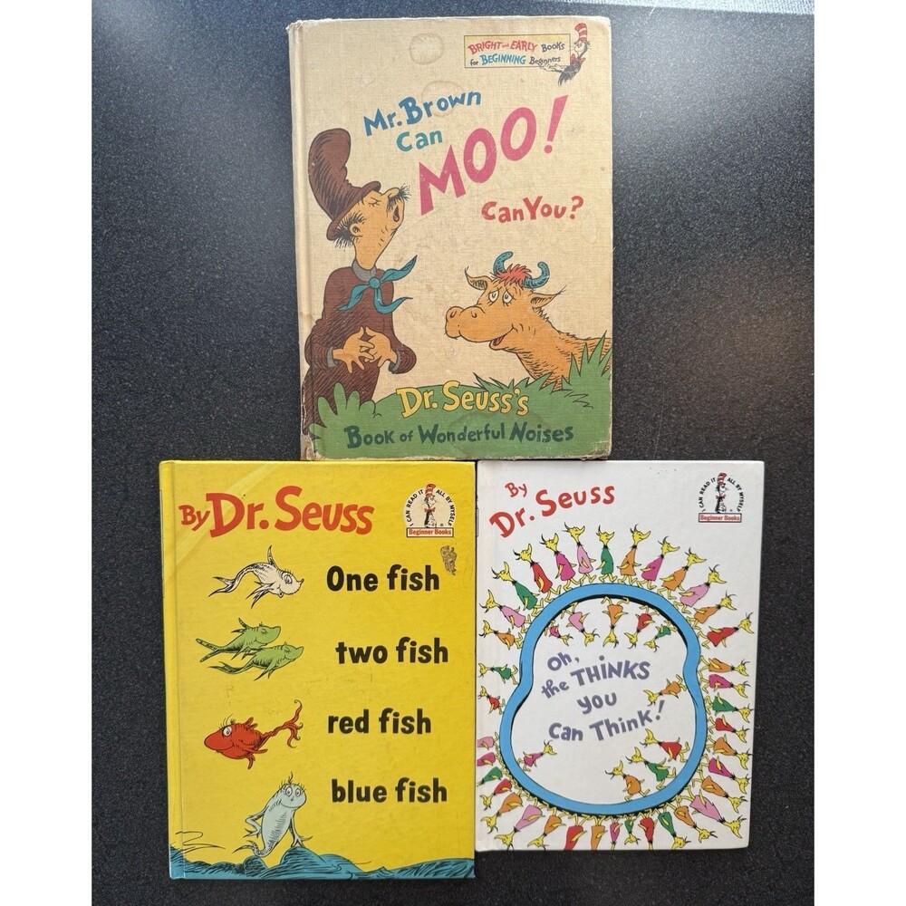 Lot of 3 Dr. Seuss Beginner Books Hardcover Childrens VTG Mr Moo 1 Fish 2 Fish